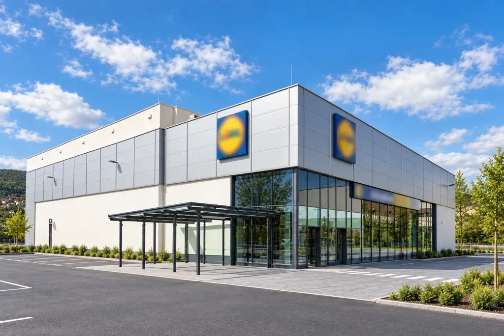 A solymári Lidl áruház üvegfalas homlokzata és parkolója